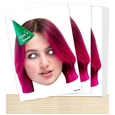 Pack of 10 (A4) with Hat Theme (Snowflakes Green) DIY Masks + Sticks (Personalised with Text)