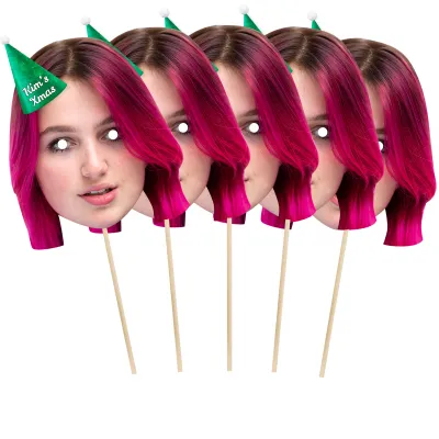 Pack of 5 (A4) with Hat Theme (Snowflakes Green) Finished Masks + Sticks (Personalised with Text)