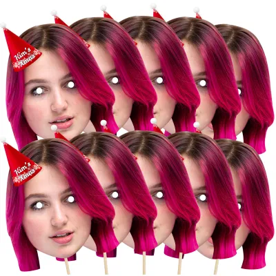 Pack of 10 (A4) with Hat Theme (Snowflakes Red) Finished Masks + Sticks (Personalised with Text)