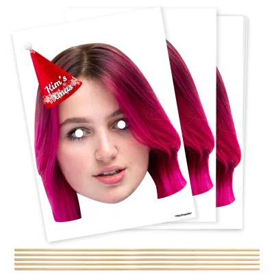 Pack of 5 (A4) with Hat Theme (Snowflakes Red) DIY Masks + Sticks (Personalised with Text)