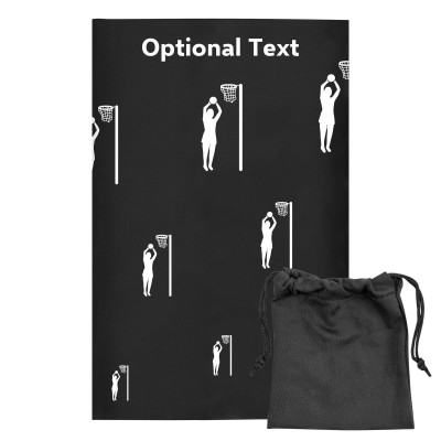 Regular (38cm x 25cm) (Netball Icon) Black - Stretch Polyester (Personalised with Text) with Small Black Storage Pouch