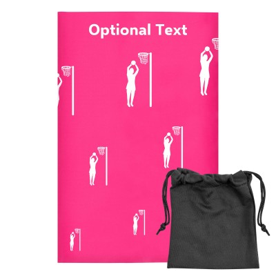 Regular (38cm x 25cm) (Netball Icon) Hot Pink (Fuchsia) - Stretch Polyester (Personalised with Text) with Small Black Storage Pouch