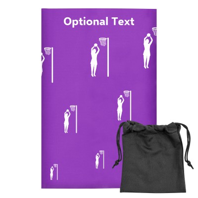 Regular (38cm x 25cm) (Netball Icon) Purple - Stretch Polyester (Personalised with Text) with Small Black Storage Pouch