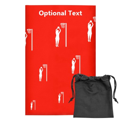 Regular (38cm x 25cm) (Netball Icon) Red - Stretch Polyester (Personalised with Text) with Small Black Storage Pouch
