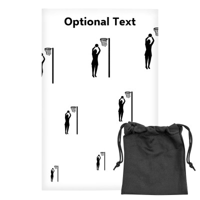 Regular (38cm x 25cm) (Netball Icon) White - Stretch Polyester (Personalised with Text) with Small Black Storage Pouch