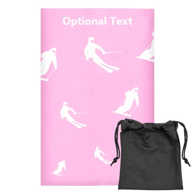 Regular (38cm x 25cm) (Skiing Icon) Baby Pink - Stretch Polyester (Personalised with Text) with Small Black Storage Pouch