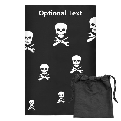 Regular (38cm x 25cm) (Skull & Spanner Icon) Black - Stretch Polyester (Personalised with Text) with Small Black Storage Pouch