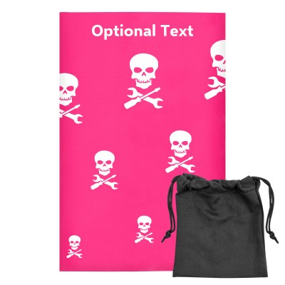Regular (38cm x 25cm) (Skull & Spanner Icon) Hot Pink (Fuchsia) - Stretch Polyester (Personalised with Text) with Small Black Storage Pouch