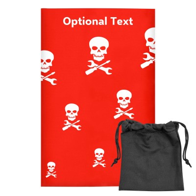Regular (38cm x 25cm) (Skull & Spanner Icon) Red - Stretch Polyester (Personalised with Text) with Small Black Storage Pouch