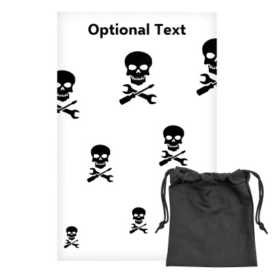 Regular (38cm x 25cm) (Skull & Spanner Icon) White - Stretch Polyester (Personalised with Text) with Small Black Storage Pouch