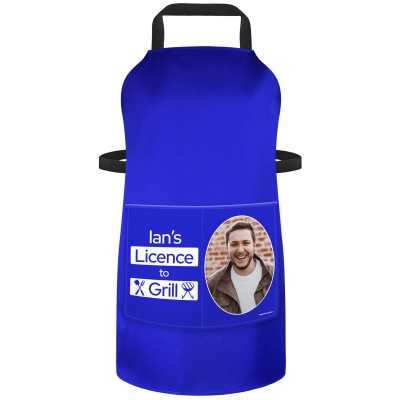 (70cm x 55cm) with License to Grill Icon - Royal Blue Cotton Fabric (Personalised with Text) and Photo Printed Pocket