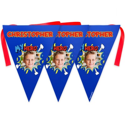 - 5 Metres with 12 Triangle Flags (28cm) with Thunder &amp; Wind Design Mock Suede Polyester Fabric (Personalised with Text)