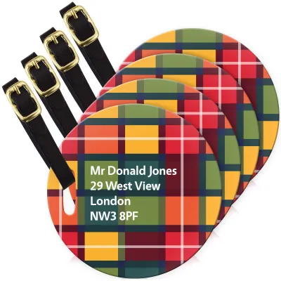 (10cm Circle) - Tartan Check with Leather Strap (Personalised with Text)