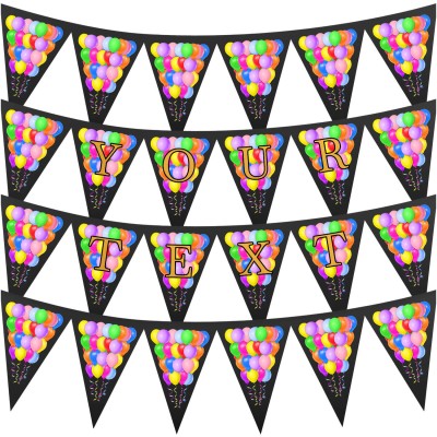 - 3 Metres with 24 Triangle Flags (20cm) with Balloons Design Black & Gold Mock Suede Polyester Fabric (Personalised with Text)