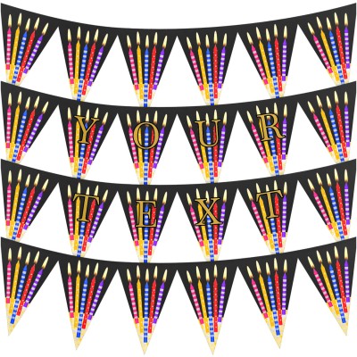 - 3 Metres with 24 Triangle Flags (20cm) with Candles Design Black & Gold Mock Suede Polyester Fabric (Personalised with Text)