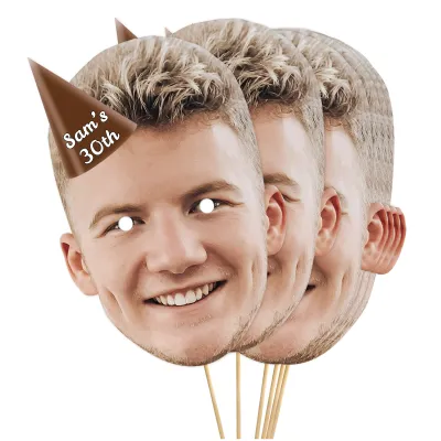 A4 (Pack of 25) with Hat Theme (Brown) Finished Masks + Sticks (Personalised with Text)