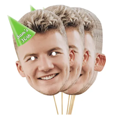 A4 (Pack of 25) with Hat Theme (Green) Finished Masks + Sticks (Personalised with Text)