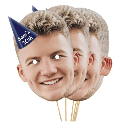 Pack of 10 (A4) with Hat Theme (Navy Blue) Finished Masks + Sticks (Personalised with Text)