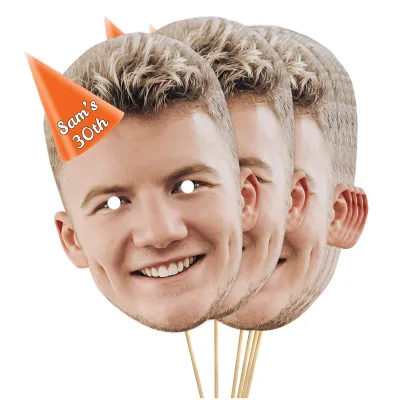A4 (Pack of 25) with Hat Theme (Orange) Finished Masks + Sticks (Personalised with Text)