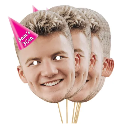 A4 (Pack of 25) with Hat Theme (Pink) Finished Masks + Sticks (Personalised with Text)