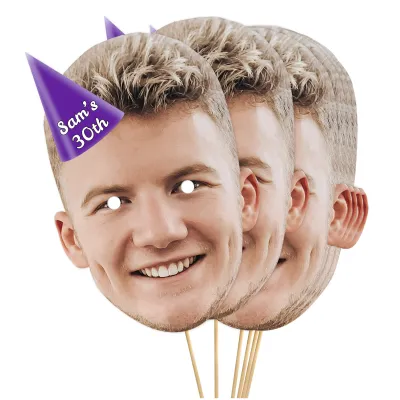 Pack of 10 (A4) with Hat Theme (Purple) Finished Masks + Sticks (Personalised with Text)