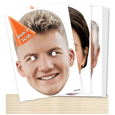 Pack of 10 (A4) with Hat Theme (Orange) DIY + Sticks (10 Different Faces) (Personalised with Text)