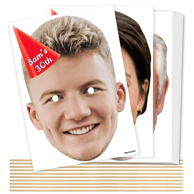 Pack of 10 (A4) with Hat Theme (Red) DIY + Sticks (10 Different Faces) (Personalised with Text)