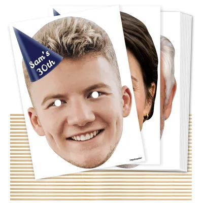 A4 (Pack of 25) with Hat Theme (Navy Blue) DIY Masks + Sticks (Personalised with Text)