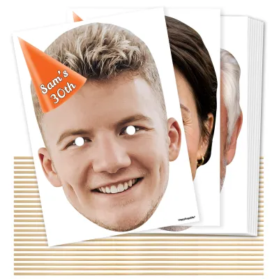 A4 (Pack of 25) with Hat Theme (Orange) DIY Masks + Sticks (Personalised with Text)