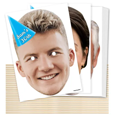 A4 (Pack of 25) with Hat Theme (Blue) DIY Masks + Sticks (Personalised with Text)