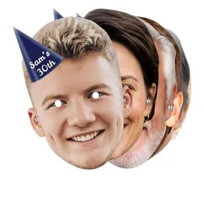 Pack of 10 (A4) with Hat Theme (Navy Blue) Finished Masks + Elastics (10 Different Faces) (Personalised with Text)