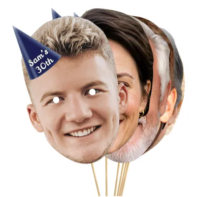 A4 (Pack of 25) with Hat Theme (Navy Blue) Finished Masks + Sticks (Personalised with Text)