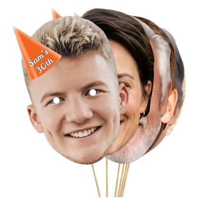 Pack of 10 (A4) with Hat Theme (Orange) Finished Masks + Sticks (10 Different Faces) (Personalised with Text)