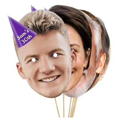 A4 (Pack of 25) with Hat Theme (Purple) Finished Masks + Sticks (Personalised with Text)