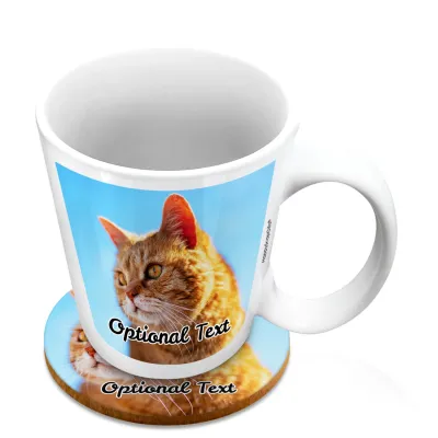 (10oz White) with 1 Photo Printed Front & Back (Personalised with Text) with 1 matching Circular Coaster