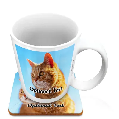 (10oz White) with 1 Photo Printed Front & Back (Personalised with Text) with 1 matching Square Coaster