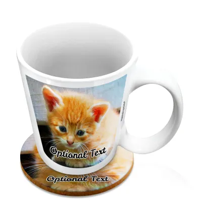 (10oz White) with 2 Photos Printed Front & Back (Personalised with Text) with 1 matching Circular Coaster