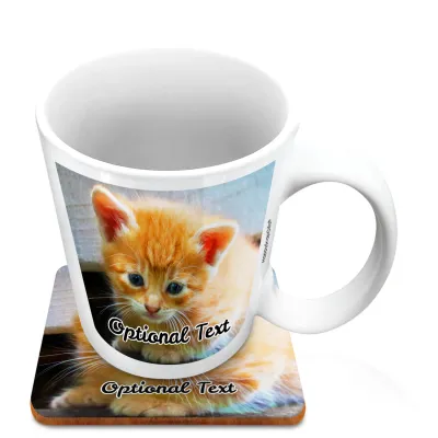 (10oz White) with 2 Photos Printed Front & Back (Personalised with Text) with 1 matching Square Coaster