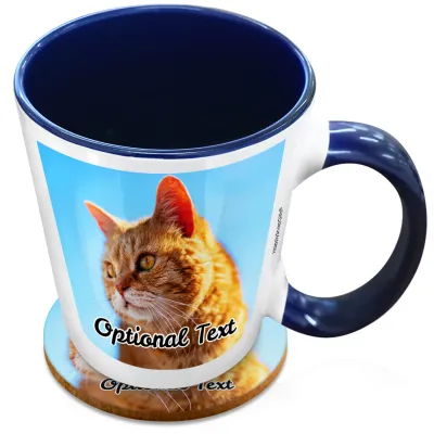 (XL 15oz Blue Inner & Handle) with 1 Photo Printed Front & Back (Personalised with Text) with 1 matching Circular Coaster