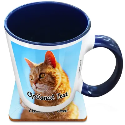 (XL 15oz Blue Inner & Handle) with 1 Photo Printed Front & Back (Personalised with Text) with 1 matching Square Coaster
