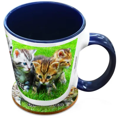(XL 15oz Blue Inner & Handle) with 1 Wrapped Around Image (Personalised with Text) with 1 matching Circular Coaster