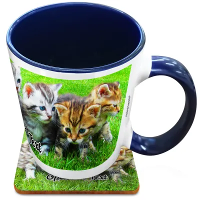 (XL 15oz Blue Inner & Handle) with 1 Wrapped Around Image (Personalised with Text) with 1 matching Square Coaster