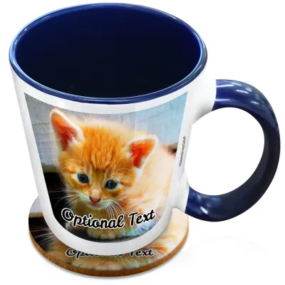 (XL 15oz Blue Inner & Handle) with 2 Photos Printed Front & Back (Personalised with Text) with 1 matching Circular Coaster