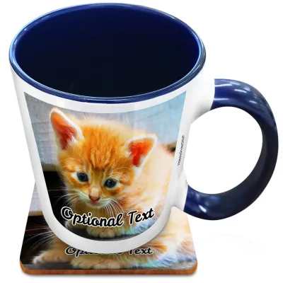 (XL 15oz Blue Inner & Handle) with 2 Photos Printed Front & Back (Personalised with Text) with 1 matching Square Coaster