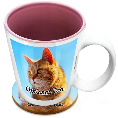 (XL 15oz Pink) with 1 Photo Printed Front & Back (Personalised with Text) with 1 matching Circular Coaster