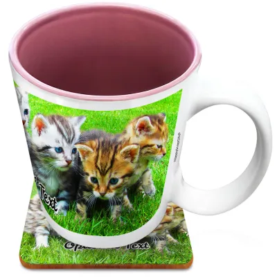 (XL 15oz Pink) with 1 Wrapped Around Image (Personalised with Text) with 1 matching Square Coaster