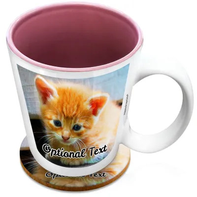 (XL 15oz Pink) with 2 Photos Printed Front & Back (Personalised with Text) with 1 matching Circular Coaster