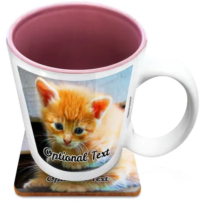 (XL 15oz Pink) with 2 Photos Printed Front & Back (Personalised with Text) with 1 matching Square Coaster