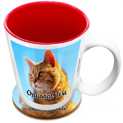 (XL 15oz  Red) with 1 Photo Printed Front & Back (Personalised with Text) with 1 matching Circular Coaster