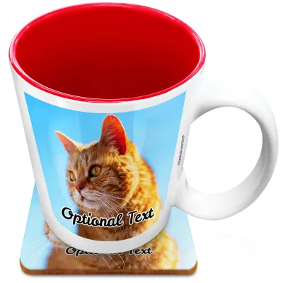 (XL 15oz  Red) with 1 Photo Printed Front & Back (Personalised with Text) with 1 matching Square Coaster